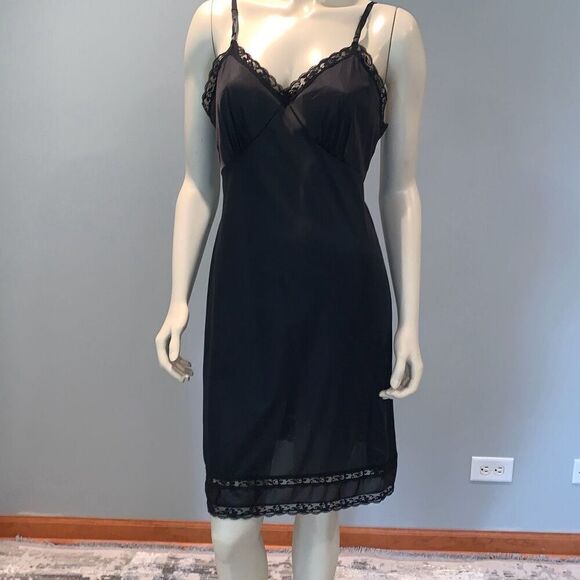 Vintage Slip Dress Black Lace Lingerie Sliperfection Nylon Tricot Antron III - Picture 1 of 11